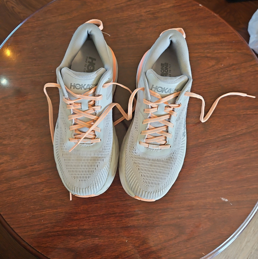 Hoka Breathable Mesh Trainers in Light Gray with Peach Details